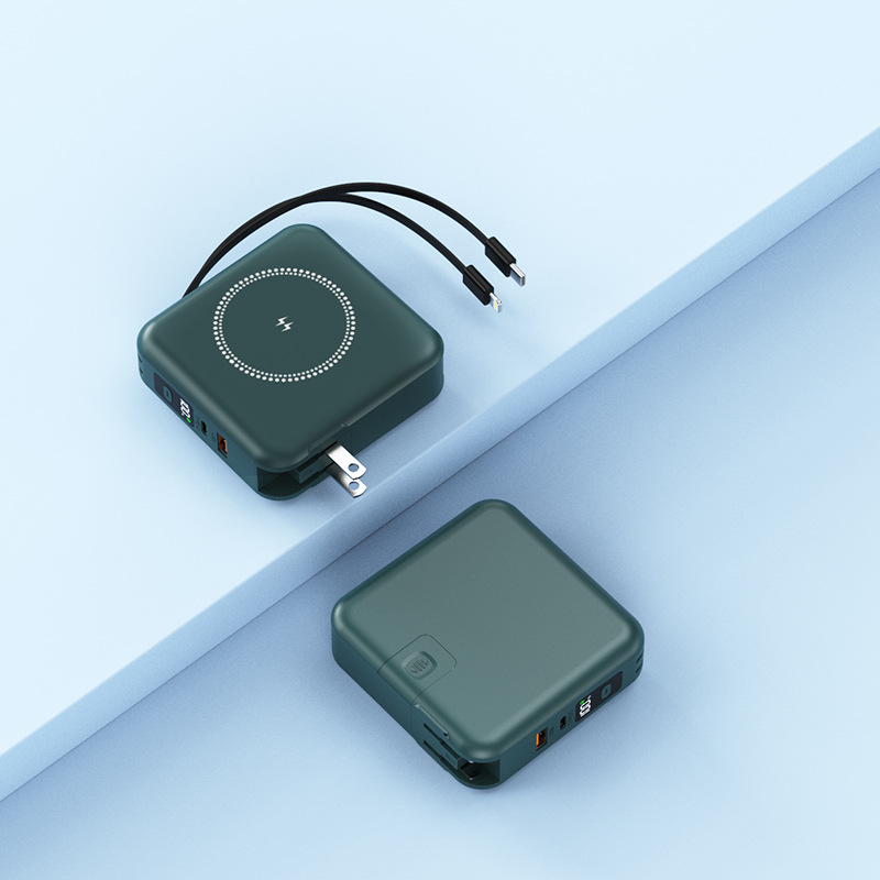 Power Bank 5 en 1 con enchufe, carga rápida PD20W, carga inalámbrica, cable retráctil y succión magnética