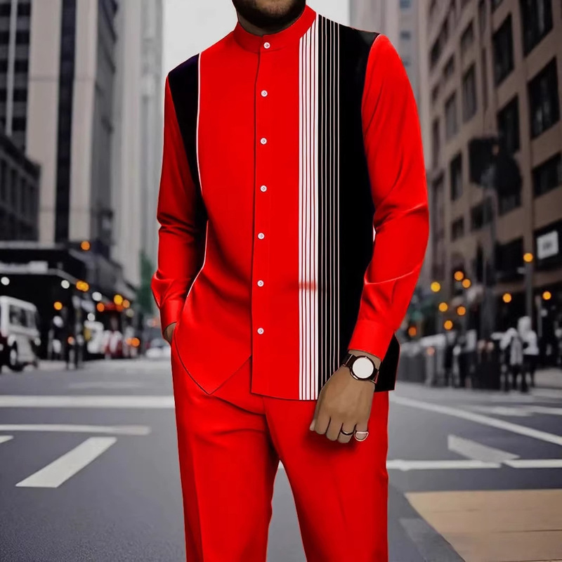 Amazon Cross-Border Men's Long-Sleeved Shirt Set, New Autumn Style, Stand-Up Collar, Ethnic Style, Fashionable Stripes and Prints Amazon Cross-Border Men's Long-Sleeved Shirt Set, New Autumn Style, Stand-Up Collar, Ethnic Style, Fashionable Stripes and Prints