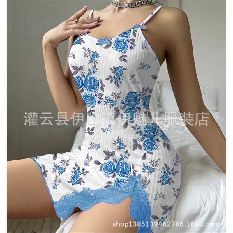 亚马逊新品心形印花撞色居家服开叉蕾丝花边蝴蝶结吊带裙5046|undefined