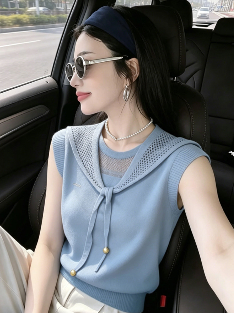 Áo hai dây dệt kim phong cách thiếu nữ ngọt ngào, họa tiết rỗng, tay dây mảnh — Màu xanh da trời