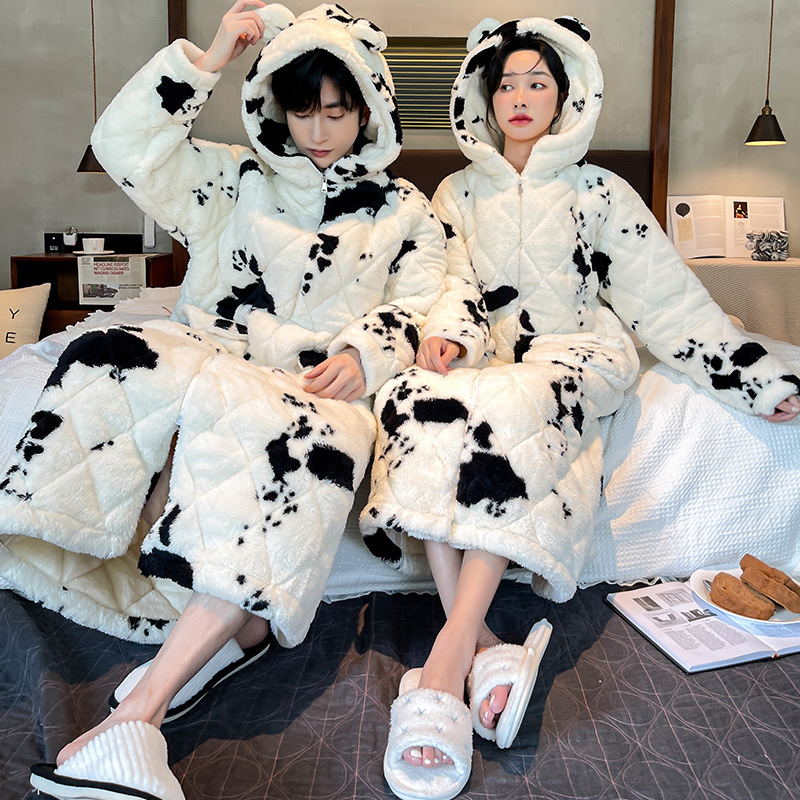 Couple's Nightgown Women's Autumn and Winter Cotton Warm Long Hooded Bathrobe Men's Pajamas White Cow Home Clothes