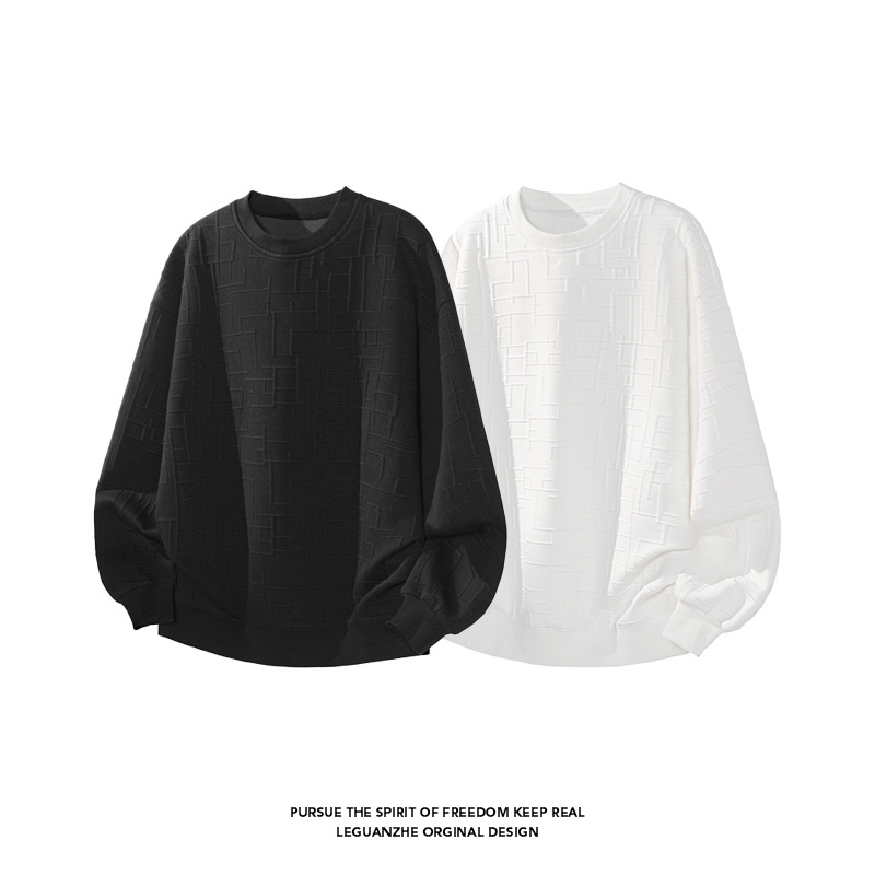 Cleanfit witte sweater met textuur voor dames en heren, retro T-shirt met ronde hals en lange mouwen in Amerikaanse stijl voor de herfst._voghion.com