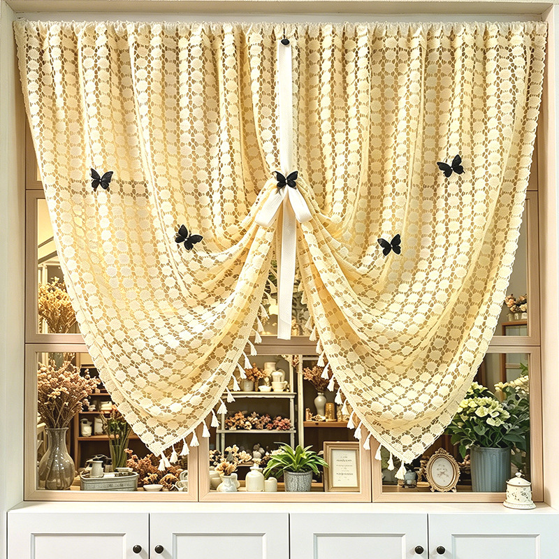Cross-Border Factory Sales French-Style Cream Black Butterfly Heart-Shaped Skirted Sheer Curtain for Bay Window, No-Drill Magic Tape Bedroom Curtain Cross-Border Factory Sales French-Style Cream Black Butterfly Heart-Shaped Skirted Sheer Curtain for Bay Window, No-Drill Magic Tape Bedroom Curtain