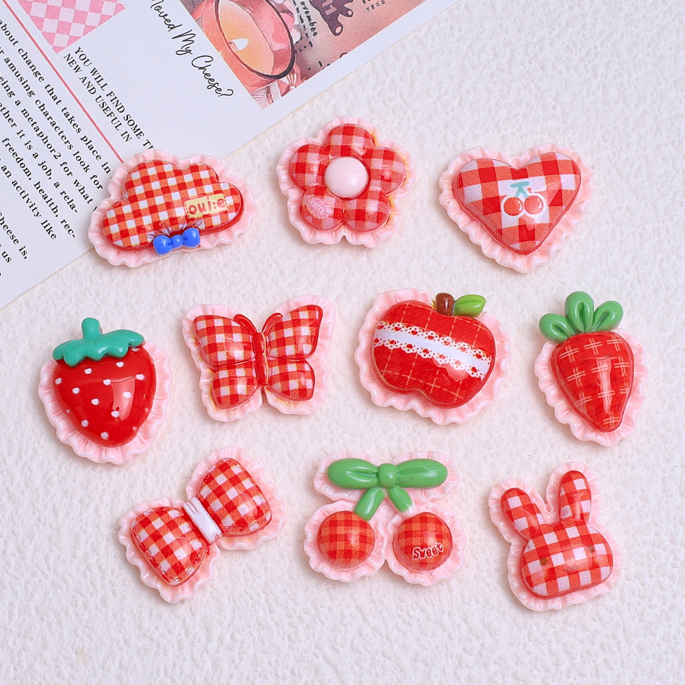 Red Plaid Butterfly Cartoon Cute Handmade DIY Jewelry Cream Glue Resin Small Accessories Hole Shoe Buckle Material