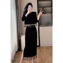 早春新款高级感丝绒时尚两件套气质亮片拼接流苏上衣半身裙套装女