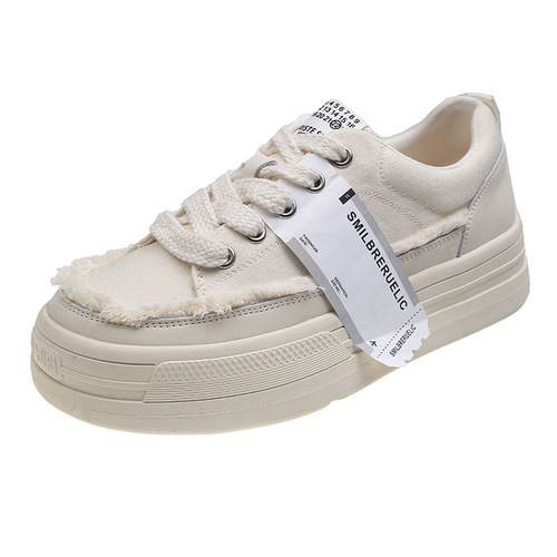 Hongtong Canvas Shoes for Women: New Arrival Japanese-style Retro Fashionable Thick-sole Casual All-Match Loafers: Trendy Distressed Designer Shoes