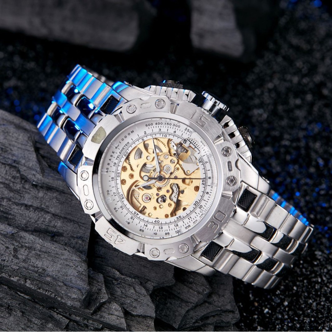 新款自动机械男士时尚个性钢带镂空机械手表