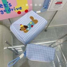 韩国ins蓝格子收纳包化妆包大容量外出用品收纳袋学生可爱狗笔袋