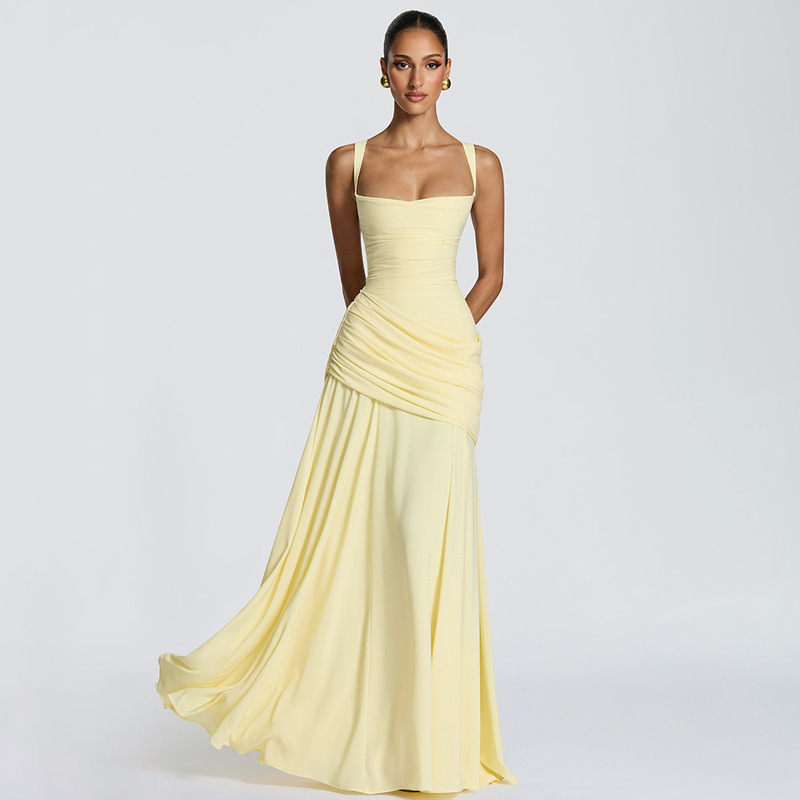 European and American 2026 Spring/Summer New Cross-Border Women's Fashion Elegant Solid Color Sleeveless Waist-Cinching Flared Strap Dress for Women European and American 2026 Spring/Summer New Cross-Border Women's Fashion Elegant Solid Color Sleeveless Waist-Cinching Flared Strap Dress for Women
