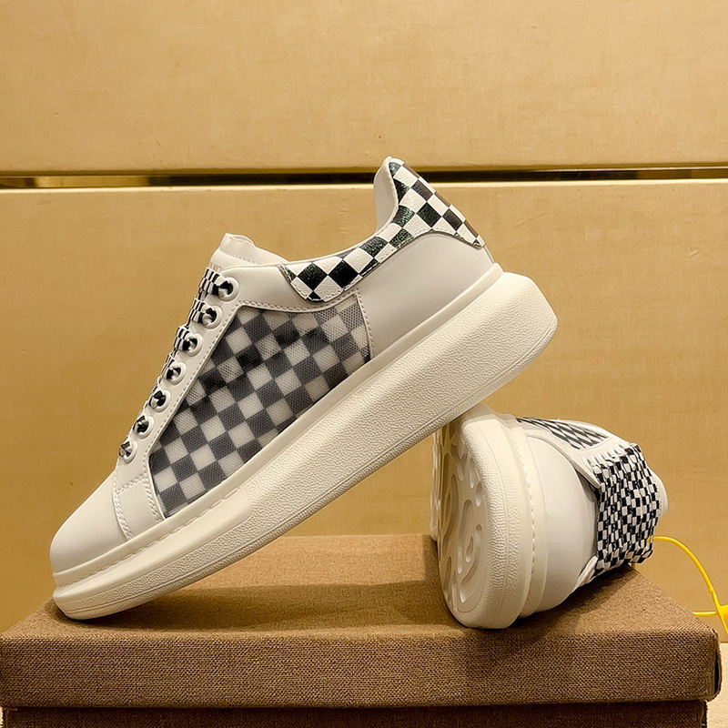 Checkerboard White Leather Casual Sneakers For Men Thick Sole_voghion.com