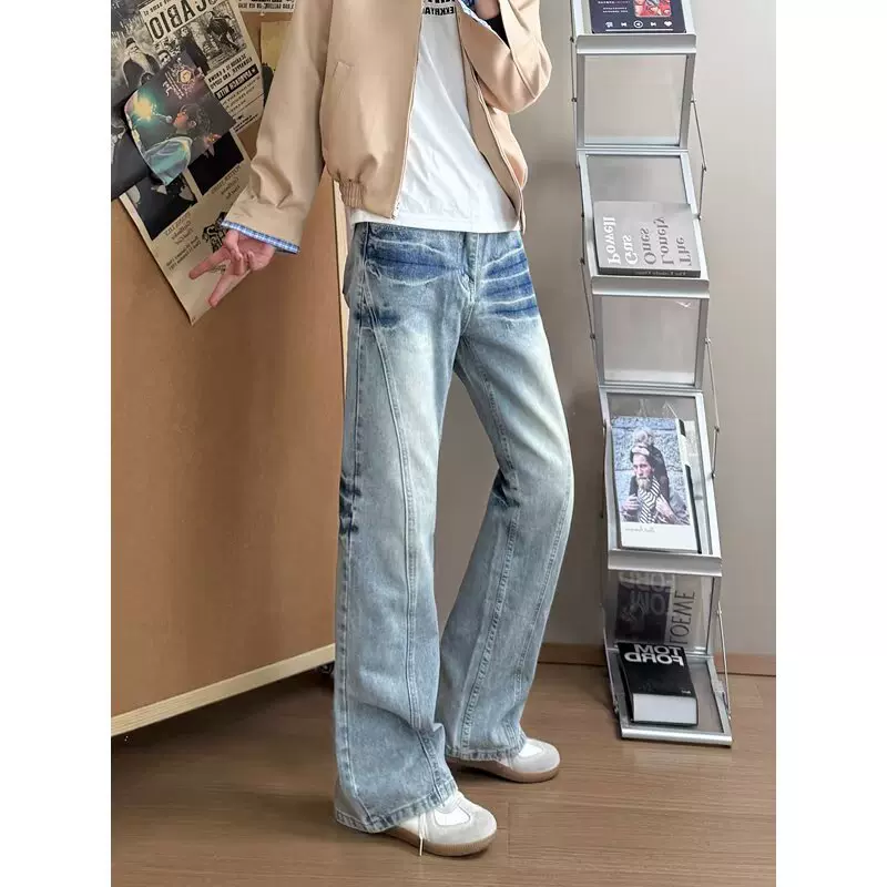 cleanfit蓝色闪电纹牛仔裤男美式高街vibe斜切裤子显瘦直筒微喇裤