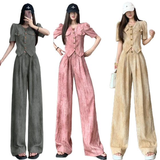 Cross-border 2025 high-grade fried street suit new fashion temperament top all-match straight wide leg pants two-piece set