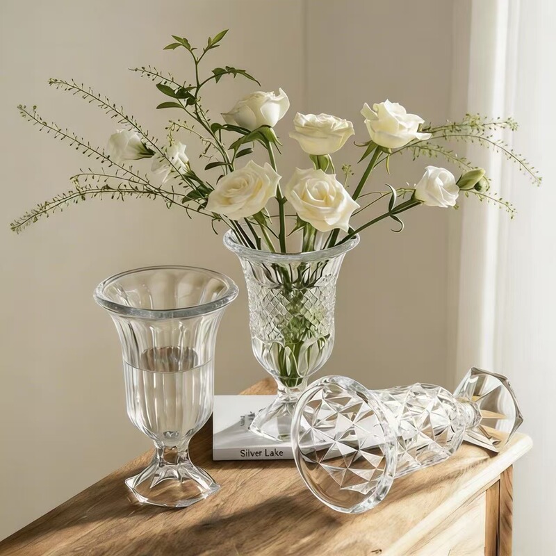 European-Style Light Luxury Glass Vase, Tall Crystal Embossed Glassware, Candle Holder, Living Room Dining Table Flower Arrangement, Ins-Style Decoration European-Style Light Luxury Glass Vase, Tall Crystal Embossed Glassware, Candle Holder, Living Room Dining Table Flower Arrangement, Ins-Style Decoration