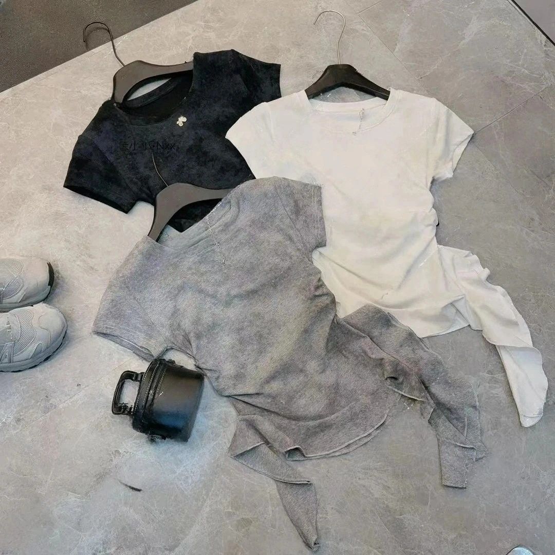 American Sexy Asymmetrical Hem Tie-Dye Short-Sleeved T-Shirt Women's Summer Round Neck Slim Waist Slimming Look Ribbon Top