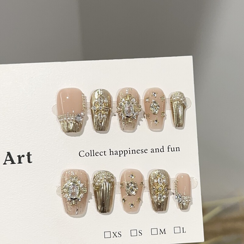 Purely Handmade Wearable Nails, High-End Champagne Gold Classy Manicure Pieces, Luxury Zircon Diamond Heavy-Duty Fake Nail Patches