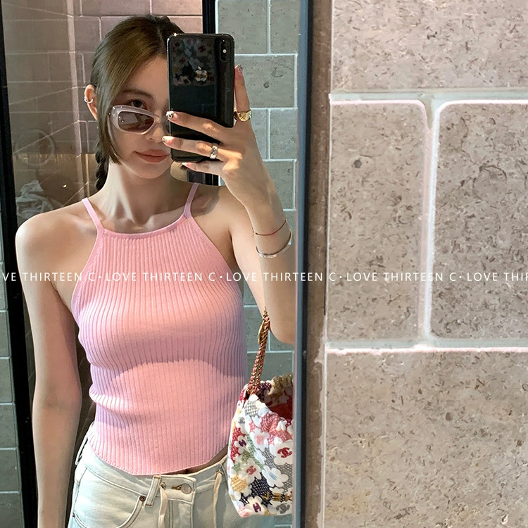 [Готовый запас] 13 вязаный жилет на подтяжках для девочек с квадратным воротником, внутренний многослойный крутой сексуальный тонкий топ