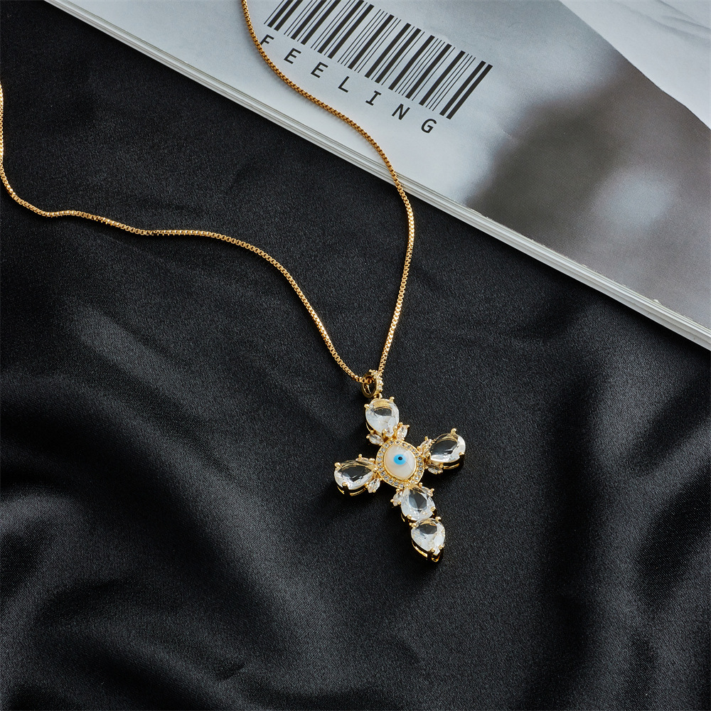 new cross pendant copper plated 18K gold zircon drip oil necklace female