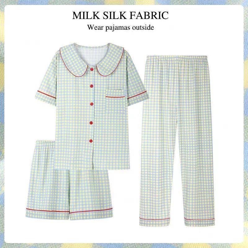 Pijamas de verano para mujer 2025, nuevo conjunto de tres piezas de cárdigan de manga corta, talla grande, delgado, pantalones largos, conjunto de ropa para estar en casa