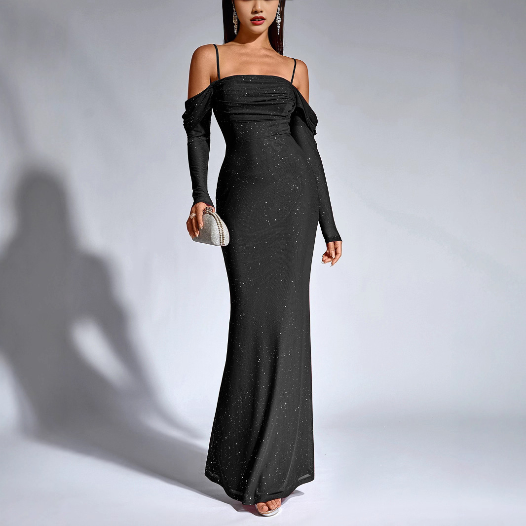 Robe de soirée élégante et cintrée, style européen, épaules dénudées, ornée d'un voile de tulle poudré, collection automne-hiver._voghion.com