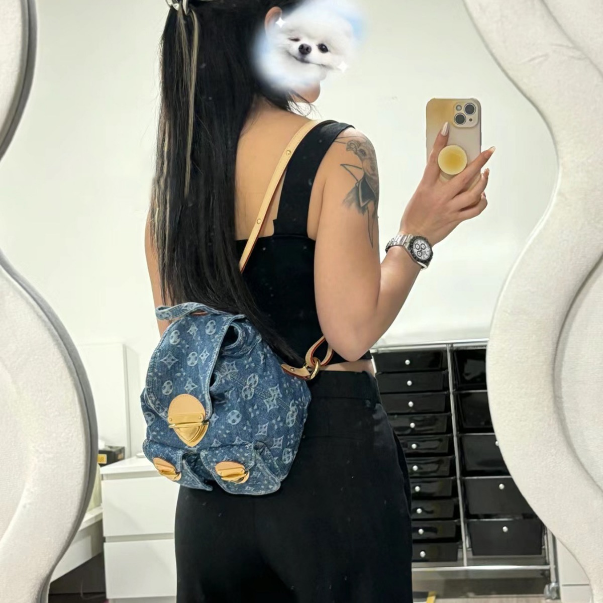 Neie populäre Denim Jacquard-Rucksak mat modeschen, lässegen, gedréckten Duebelrucksäck fir Reesen a villfältegen Eenzelrucksäck_voghion.com