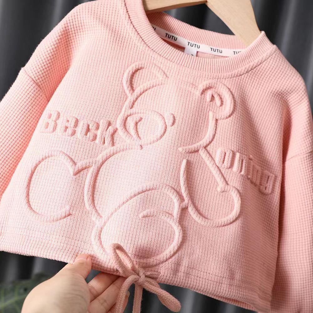 Round Neck Neckline Regular Fit Fit Type Basic Cartoon Solid Color Cotton Girls Clothing Sets