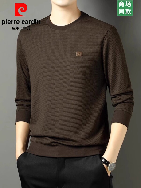 Pierre Cardin Men's Round Neck T-Shirt Spring and Autumn Silk Long-Sleeve Sweatshirt Middle-Aged Loose Top Base Shirt for Men