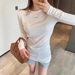 Mm家のロゴは布のアルファベットのロゴの丸首の日焼け止めの服のギャルの半透の修身の長袖のtシャツの底のシャツを貼ります。