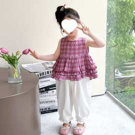 女童夏季粉格子无袖套装女宝宝荷叶边上衣防蚊裤婴幼儿超萌外出服
