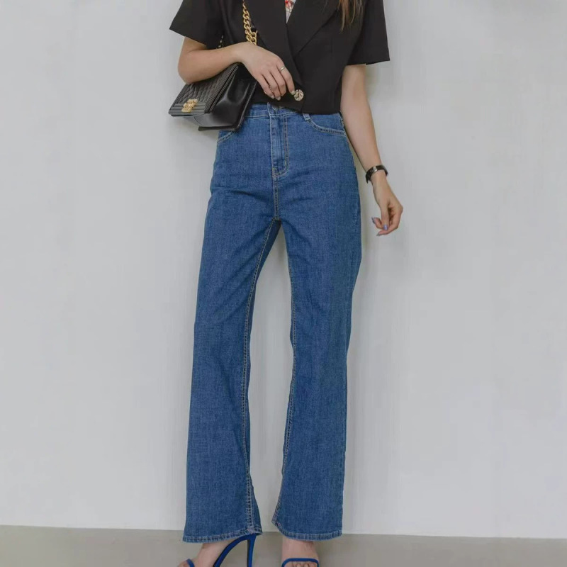 Fansiyu [C-Position Style Denim] Dark Blue High-Waisted Retro Jeans for Women, Loose Straight-Leg Casual Pants
