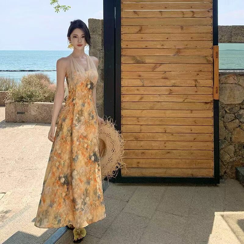 Monet's Garden Yellow Halter Dress Oil Painting Gown High-End Dopamine Island Bright Beach Seaside Vacation