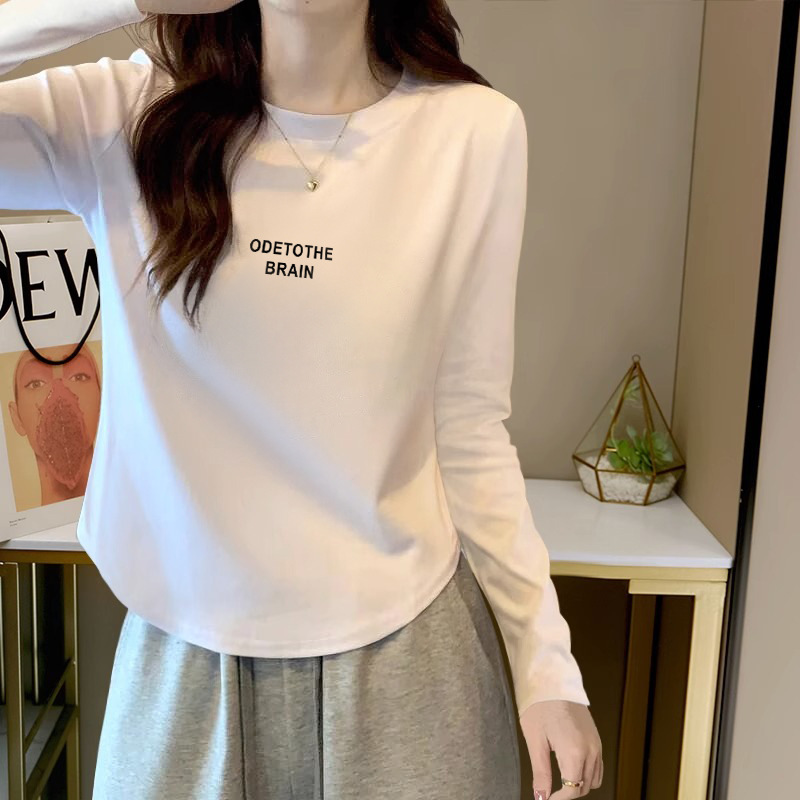 长袖T恤女秋季棉显瘦不规则设计感短款纯白色小个子打底衫上衣|undefined