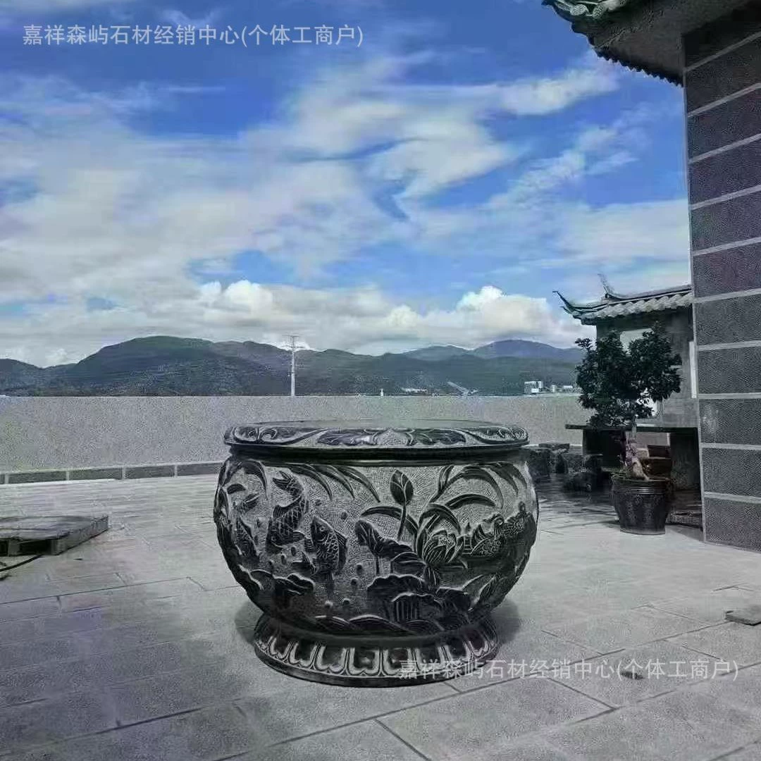 Каменный аквариум в античном стиле с синей каменной резьбой, цветочный горшок на открытом воздухе во дворе, пруд для рыбы, резервуар для лотоса, круглый орнамент для резервуара во дворе виллы.