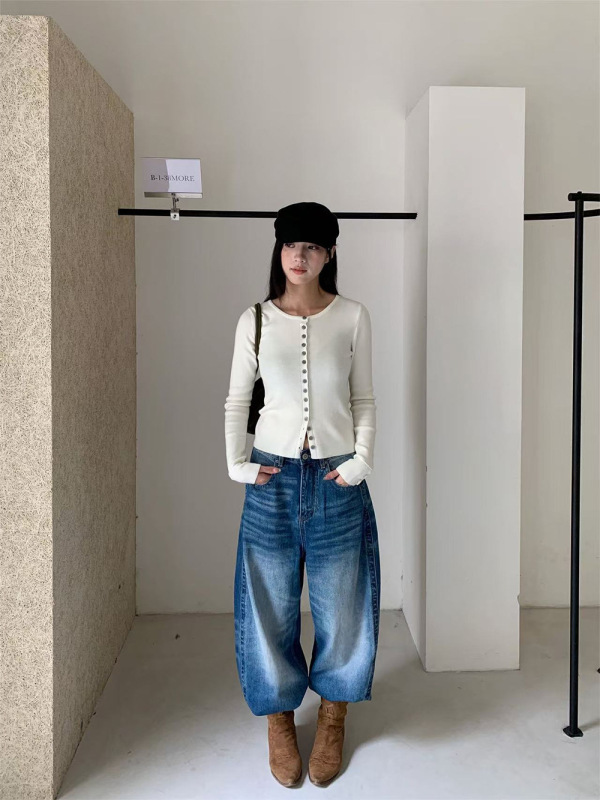 誉一新款2025秋季美式抓纹弯刀牛仔裤女刺绣后袋阔腿裤女hc1361|undefined