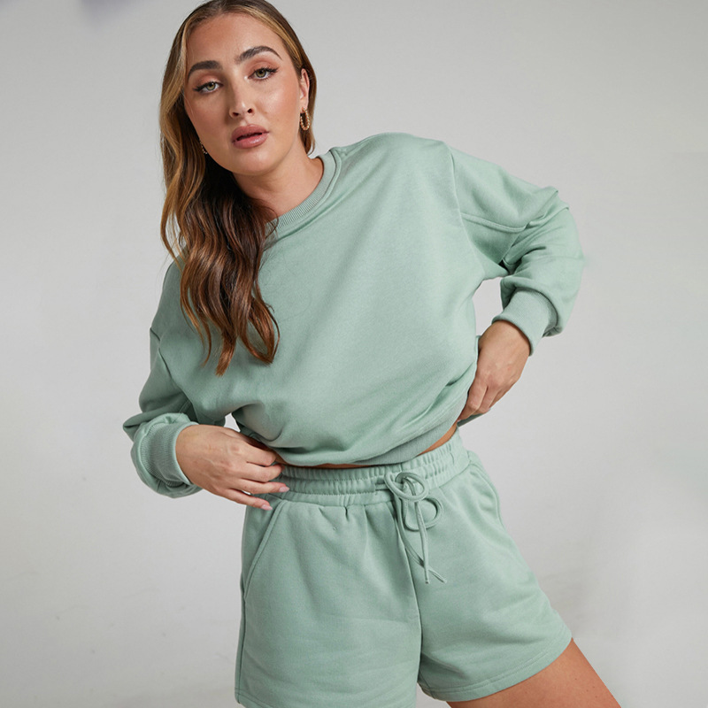 Solid Color Long Sleeve Sweaters Women Clothing Short Two-Piece Casual Shorts Suit