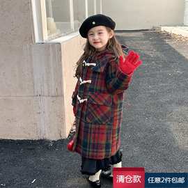 【清仓款】艾摩贝贝新年款夹棉加厚女童中长款牛角扣毛呢大衣外套