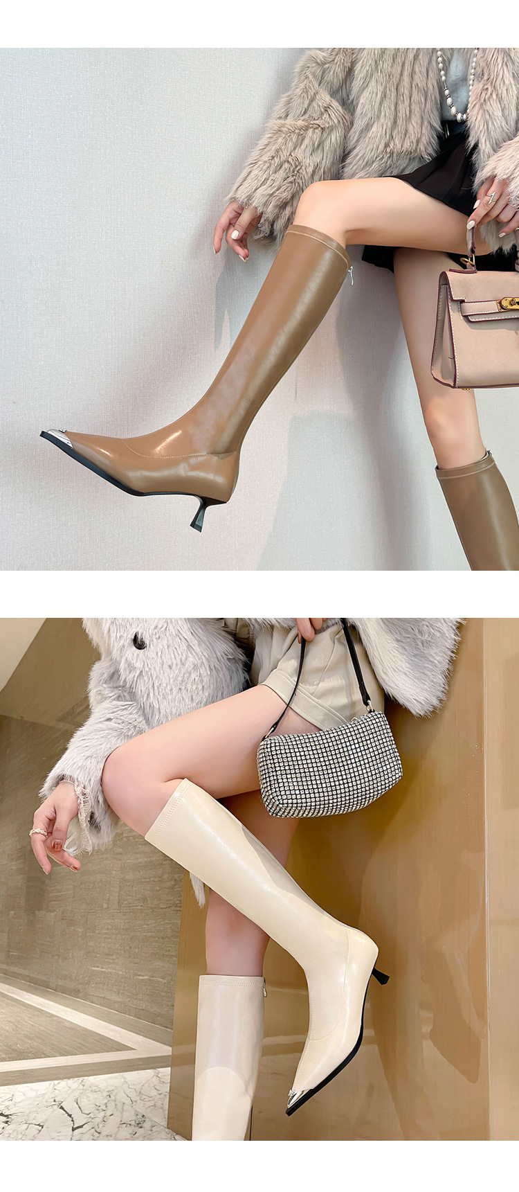 Bốt nữ cổ cao mũi nhọn kim loại co giãn, phong cách kỵ sĩ cao gót thon gọn — Màu kaki lót nhung chi tiết 19