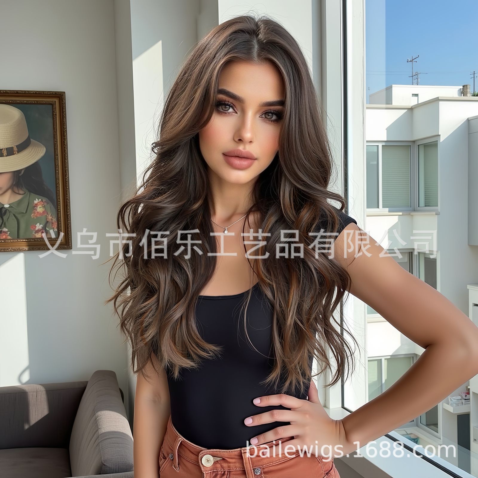 Peluca de venta caliente europea y americana, negro y marrón, corte de pelo largo y rizado medio, cubierta de cabeza completa, fibra química, hair femenino, spot al por mayor