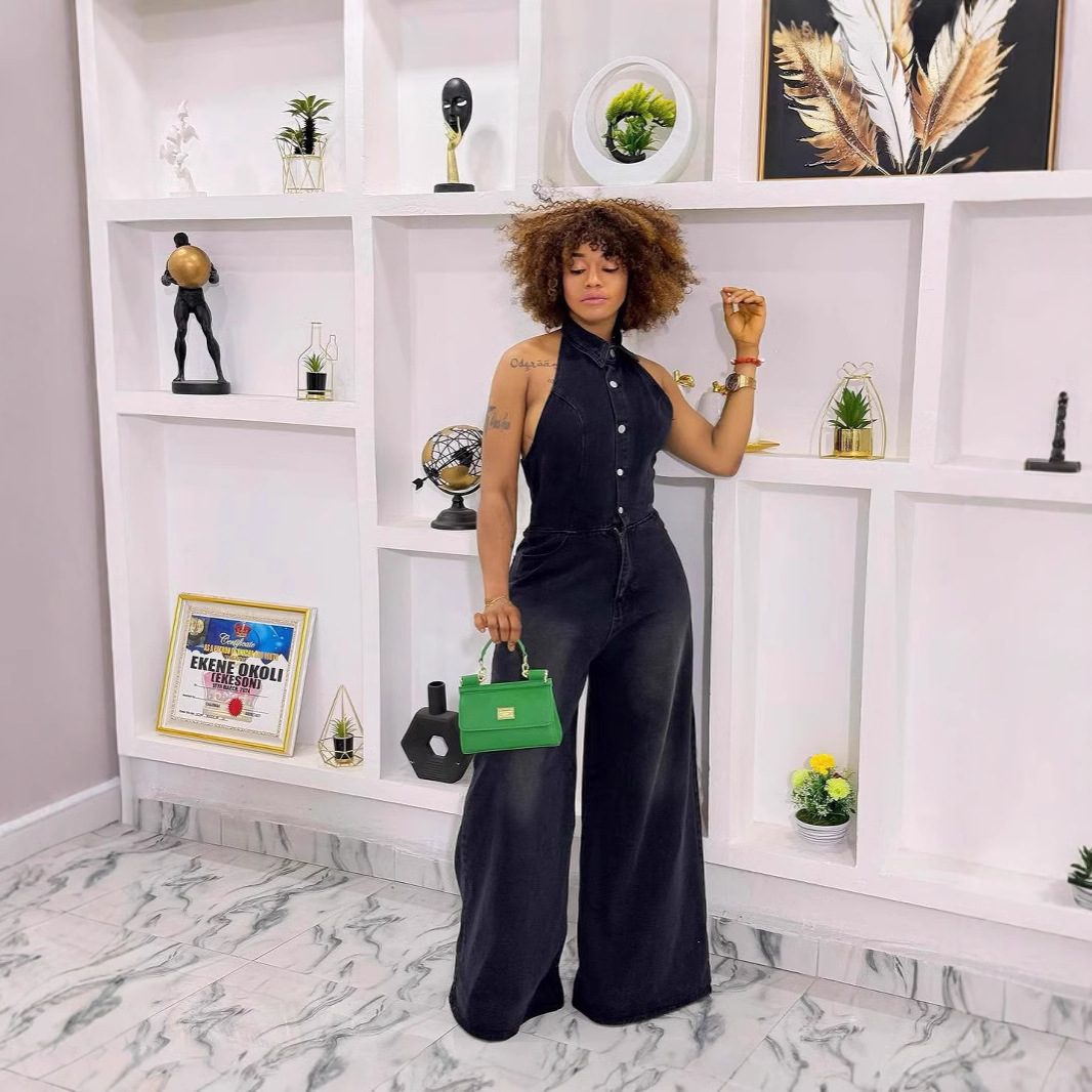 Cross-border Amazon summer new women's European and American style lapel neck single-breasted backless Denim jumpsuit trousers