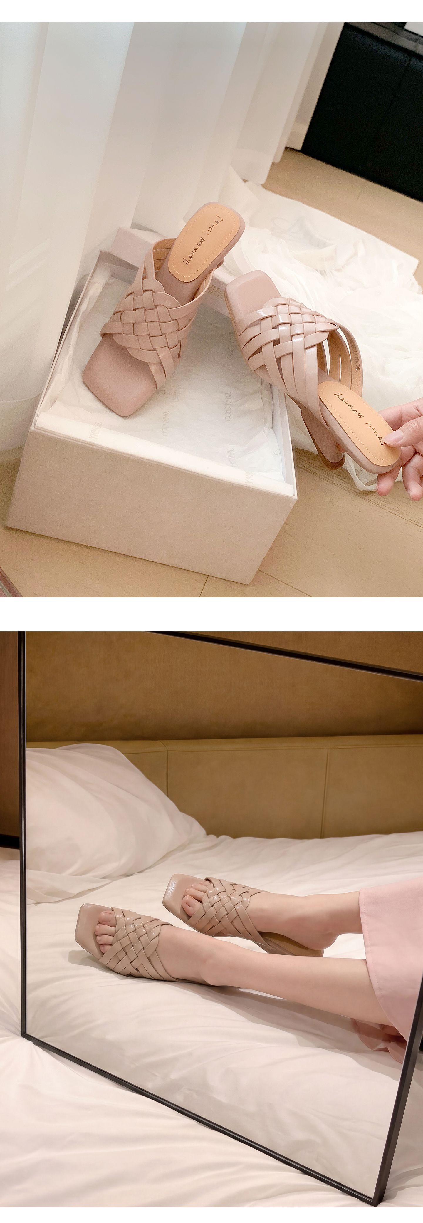 Sandal cao gót nữ mũi vuông đan chéo, gót xuồng 9 cm — Trần truồng hồng, màu đen, màu trắng ngà, bạc chi tiết 12