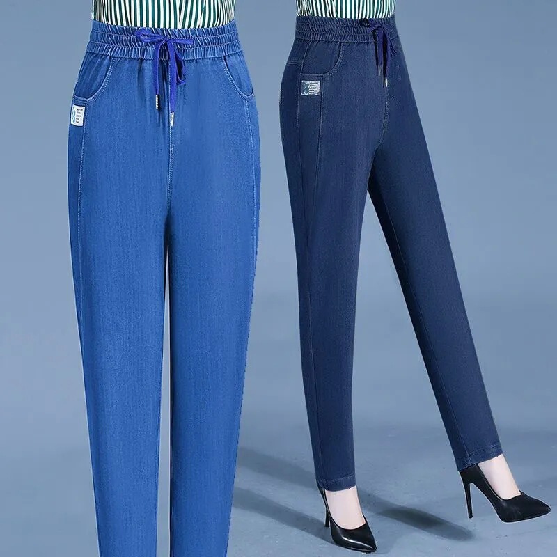 Ice Silk Jeans for Women, High-Waisted, Stretchy, Summer, Mom-Style, Elastic Waist, Slim-Fit Pants, Middle-Aged and Elderly Casual Tencel Long Pants