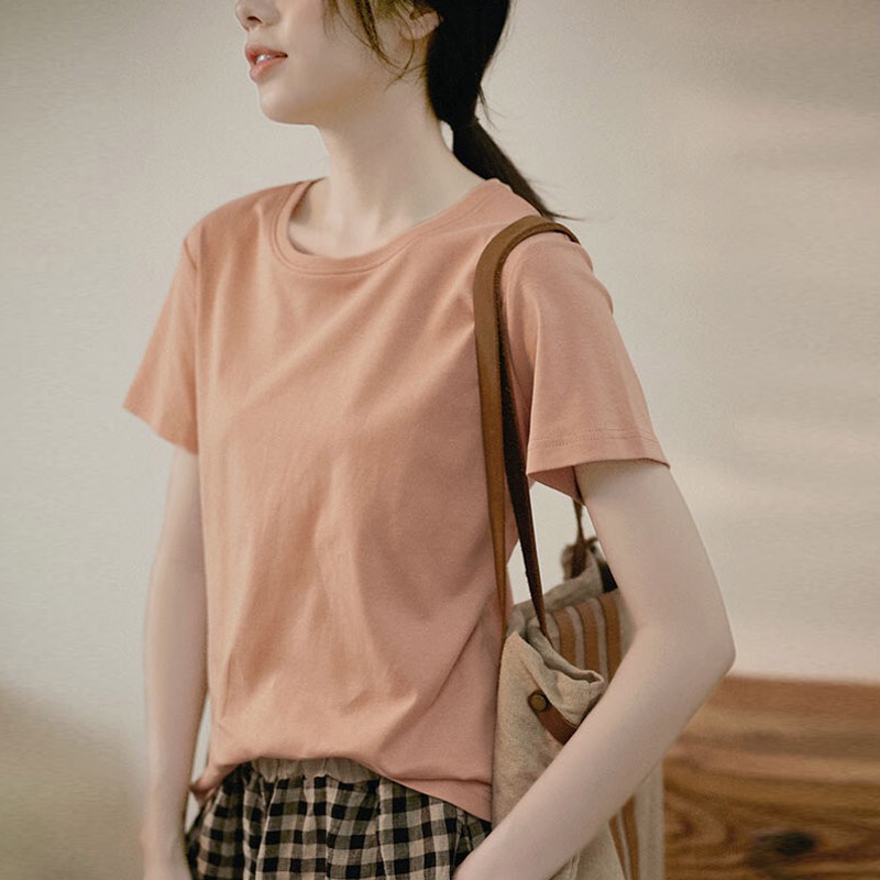 GJCP 100% Cotton Simple Super All-match Short-sleeved T-shirt Women's Artistic Fresh Round Neck Top Summer Soft and Comfortable GJCP 100% Cotton Simple Super All-match Short-sleeved T-shirt Women's Artistic Fresh Round Neck Top Summer Soft and Comfortable