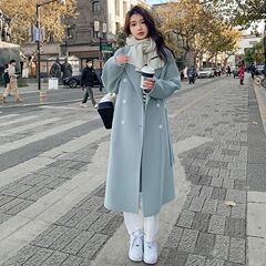 蓝色气质呢子大衣女2025年秋冬新款韩版宽松中长款赫本风毛呢外套