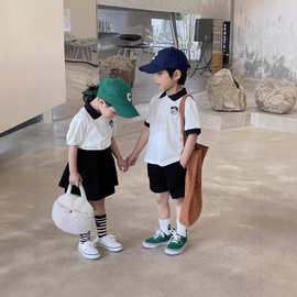珠地棉女童网红炸街夏韩范潮衣姐弟装儿童polo衫学院风两件套装