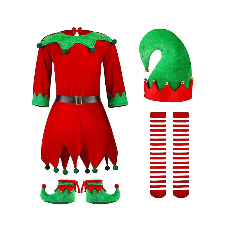 Ropa elfo de Navidad europea y Americana de Navidad para niños Cosplay traje padre-hijo vestido de rayas rojas con capucha mujeres