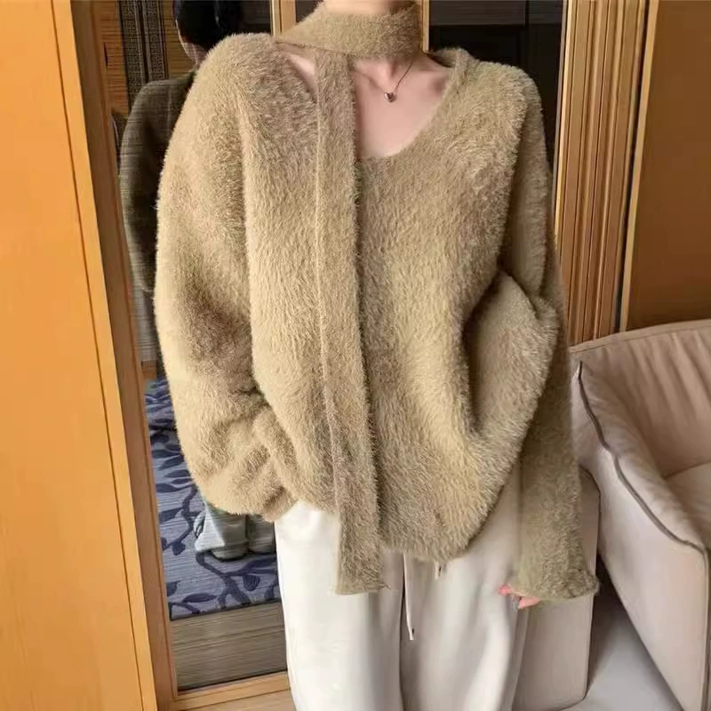 Корейская версия ленивого ветра с V-образным вырезом шарф имитация норкового бархата пуловер мягкий клейкий трикотаж женский осенний и зимний новый свободный свитер