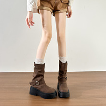 美拉德废土风骑士靴复古时尚西部牛仔厚底马丁靴子皮带扣圆头短靴