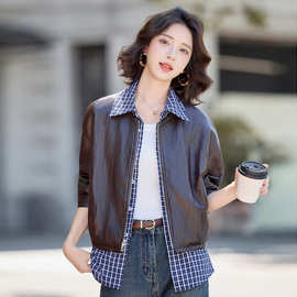 2025春秋假两件皮衣女时尚休闲翻领pu皮衣拼接格子机车服夹克外套