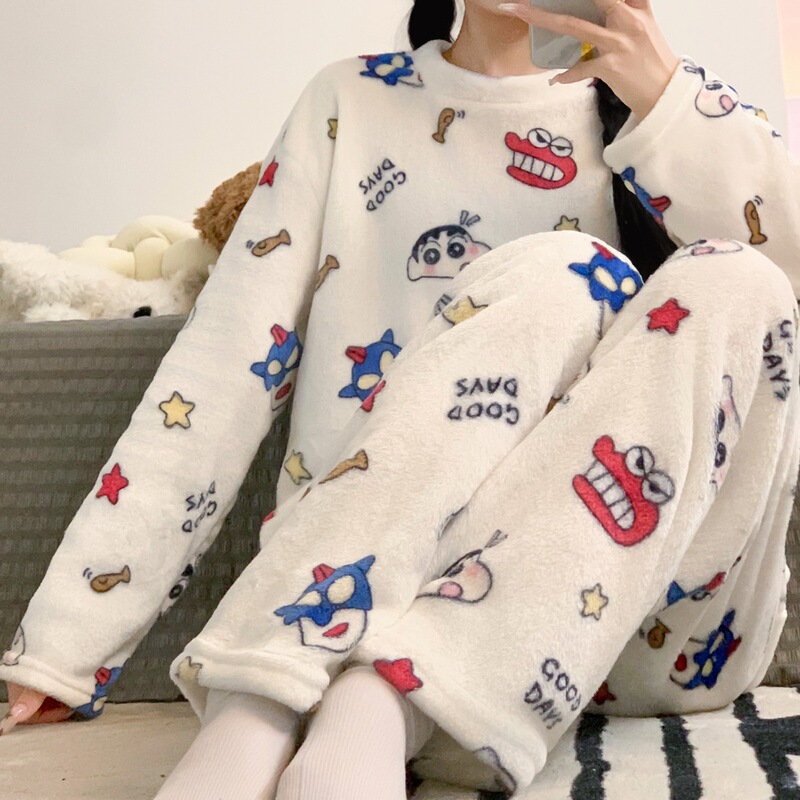 Ins Style Fleece-Lined Thickeneded Coral Velvet Winter Pajamas for Women in Autumn and Winter Cute Student Home Clothes Set That Can Be Worn Outside