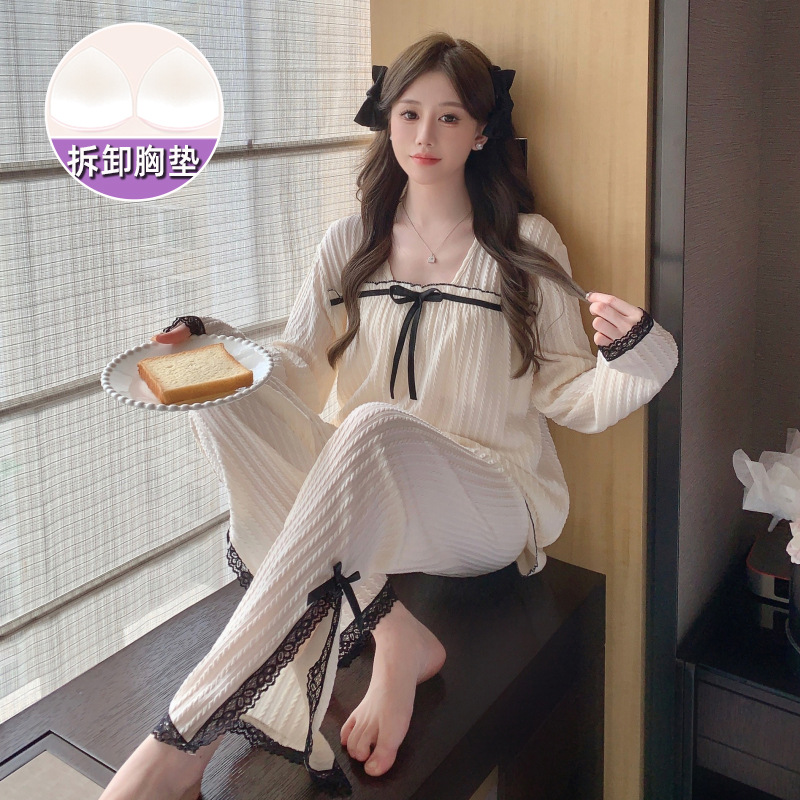 Chanel estilo francés pijamas para las mujeres primavera y otoño nuevo Jacquard de manga larga con almohadilla en el pecho más tamaño portátil homewear