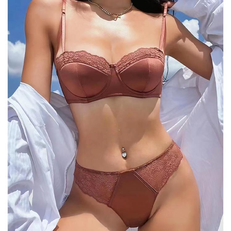 French style underwear for women, thin satin lace underwear, big breasts, small breasts, side breasts, push-up sexy bra set